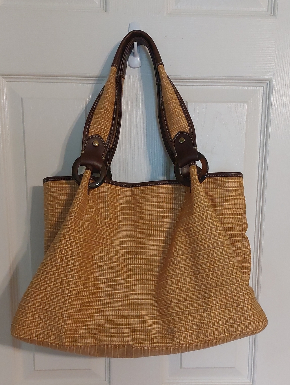 Fossil Structured Straw Tote Handbag in Tan with Dark Brown Trim